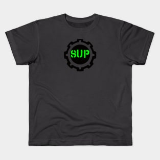 Green SUP Word in a Black Industrial Cog Kids T-Shirt